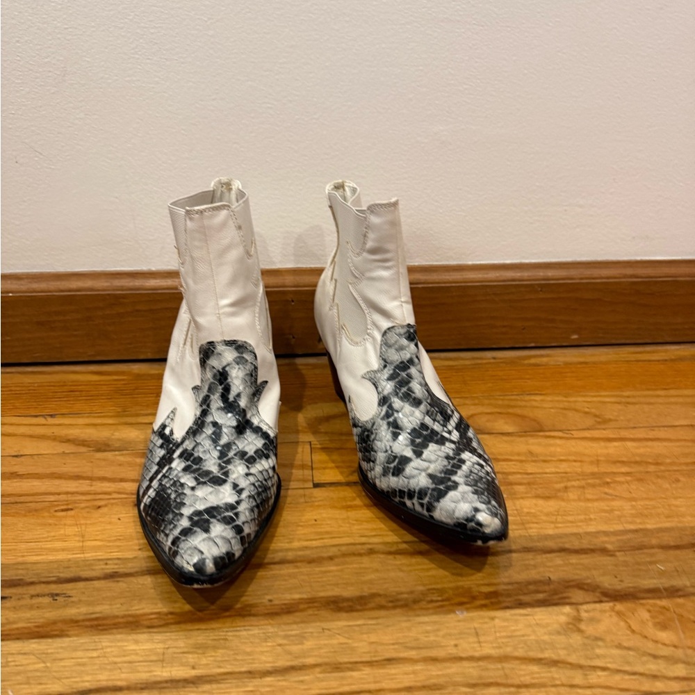 Matisse White Ankle Boots with Black Snake-Print Toe